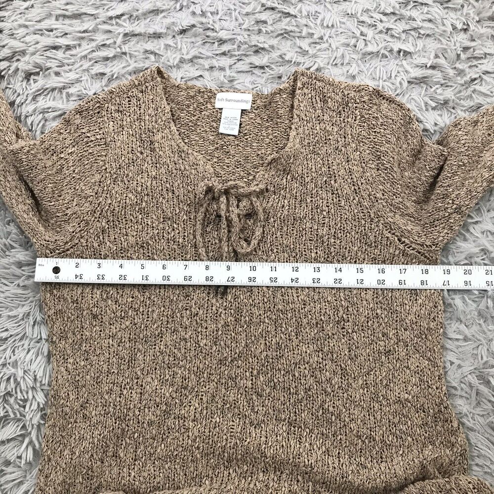 Soft Surroundings Sweater Open‎ Weave Brown Green Stripe Lace Up V-Neck Tunic L - Picture 5 of 7